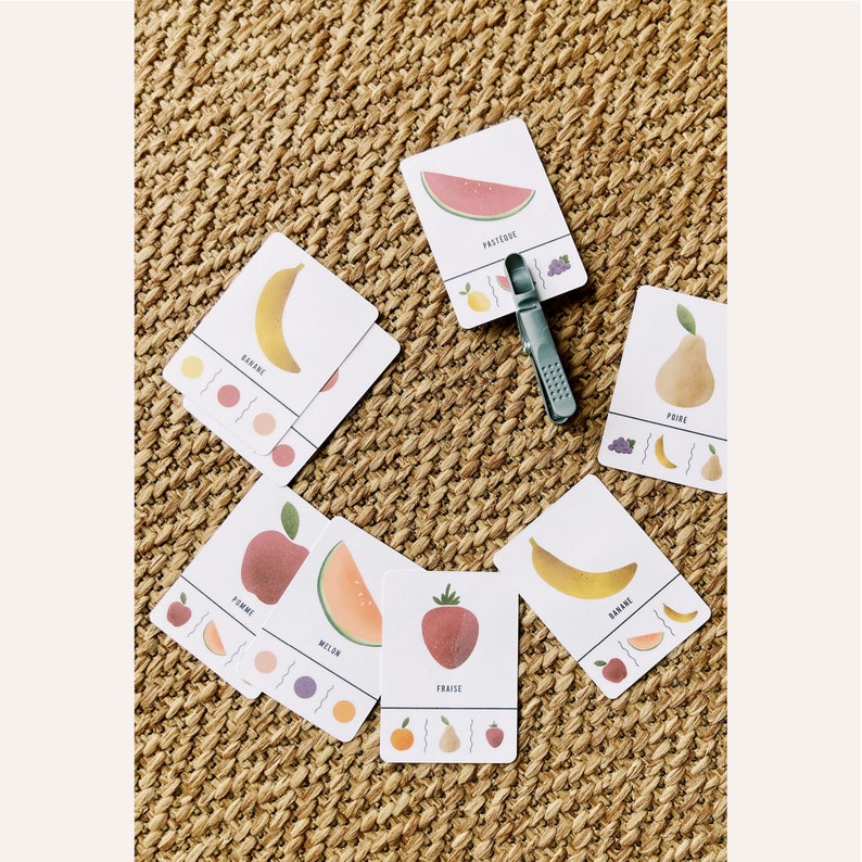 Clip cards Fruits pair, color and number games Montessori playing card, counting child printable, digital image 8