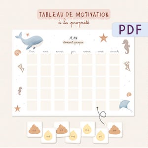 Tablero digital Montessori de motivación de limpieza para niños - tablero personalizado con nombre + certificado de limpieza - Tema del mar