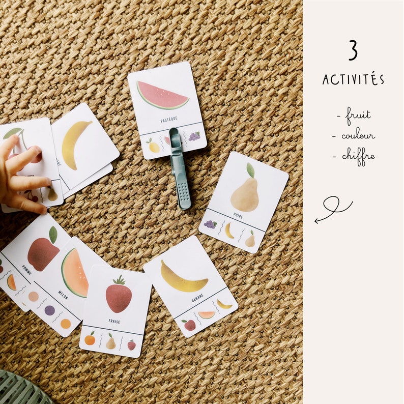 Clip cards Fruits pair, color and number games Montessori playing card, counting child printable, digital image 2