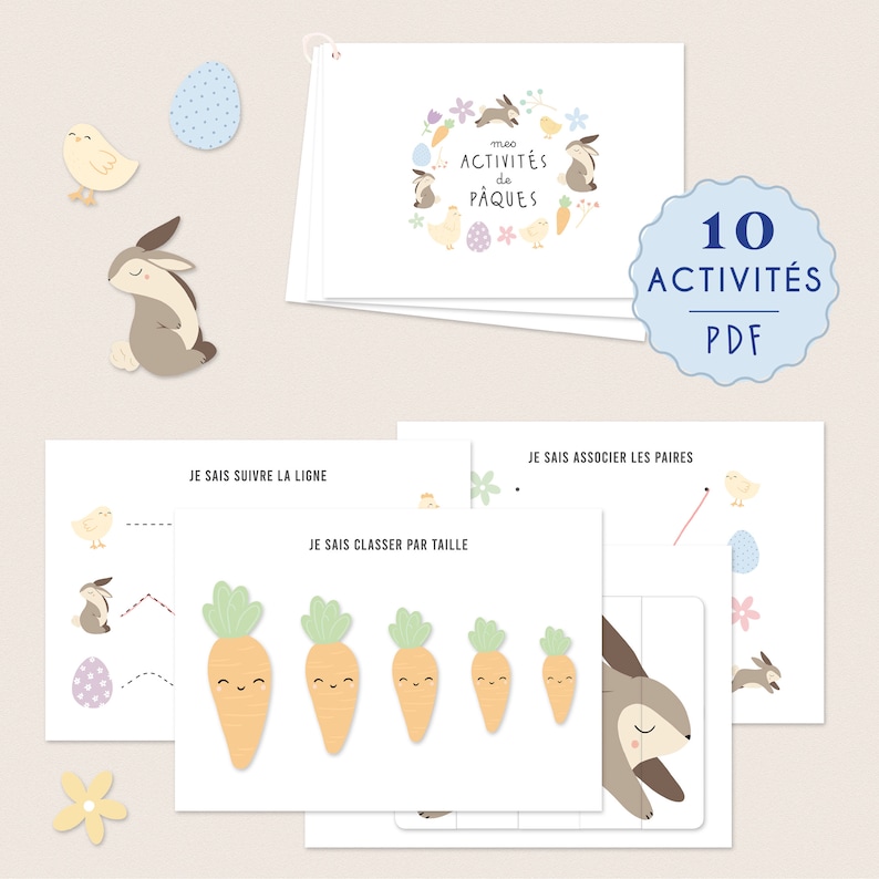 Livre d'activité pâques enfant imprimable Montessori jeux, organisation, tri, puzzle, lapin printable easter image 1