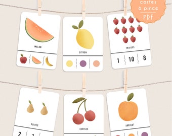 Cartes à pince Les fruits - jeux de paires, de couleur et de chiffre - Montessori - carte à jouer, compter - enfant - imprimable, numérique
