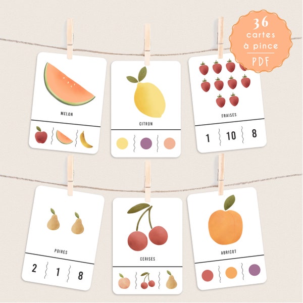 Cartes à pince Les fruits - jeux de paires, de couleur et de chiffre - Montessori - carte à jouer, compter - enfant - imprimable, numérique