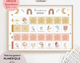 Gepersonaliseerde Montessori-kinderroutine | Boho ochtend- en avondroutinekaart, maanontwerp, printbare kinderplanner, zelfstandigheid, PDF | Meertalig