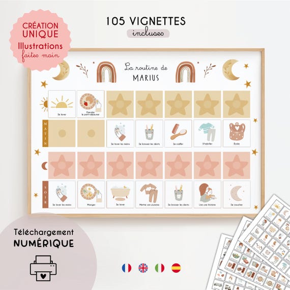 Routine enfant personnalisée Montessori | Tableau de routine Matin Soir Boho, Lune, Planning Enfant Imprimable, Autonomie, PDF | Multilingue