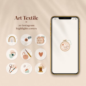 May include: Set of 20 Instagram highlight covers featuring illustrations of various textile-related items, including a rainbow, an eye, a heart, yarn, scissors, and a spool of thread. The covers are in a minimalist style with a neutral colour palette of beige, brown, and white.