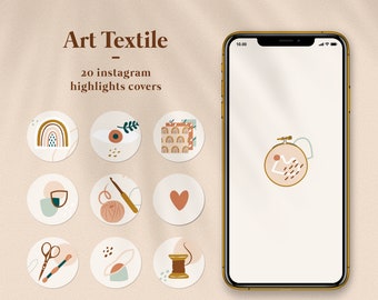Textile Art - 20 Instagram Boho Highlight Cover Icons - embroidery, knitting, crochet, sewing - Story Highlight Covers - Featured Story