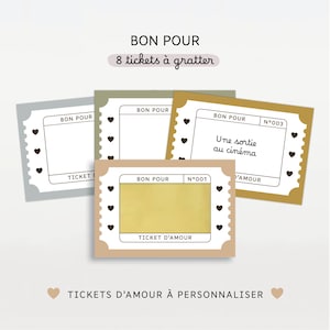 Può includere: Una collezione di biglietti gratta e vinci in vari colori, tra cui grigio, verde e oro. Ogni biglietto presenta il testo "BON POUR" e decorazioni a forma di cuore. Un biglietto recita "Une sortie au cinéma". È presente anche il testo "TICKETS D'AMOUR À PERSONNALISER".