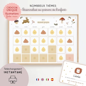 Peut inclure: Un tableau encadré avec le texte "ARY devient propre" et des illustrations de lapin, de champignon et d'autres éléments. Le tableau comporte des espaces pour suivre les progrès quotidiens. Le texte "CRÉATION UNIQUE Illustrations faites main" est également visible.