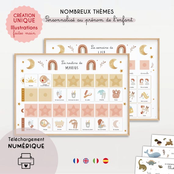 Pack Semainier + Routine Enfant Personnalisé à Imprimer | 455 cartes - Planificateur, Organisateur, Calendrier, Planning Montessori, PDF