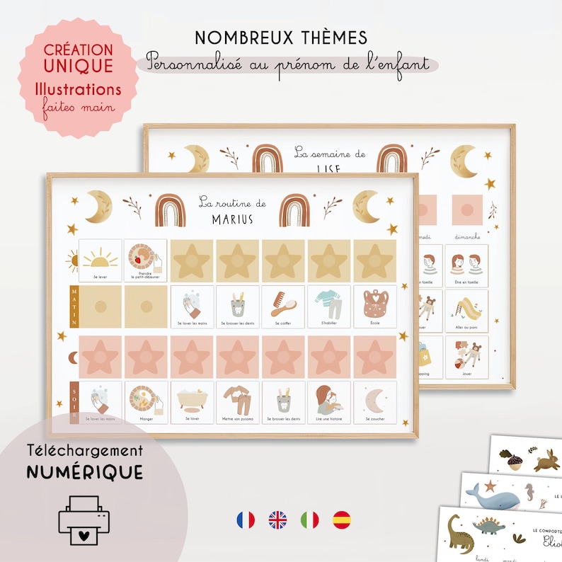 May include: Two framed chore charts with a wooden border. The charts feature illustrations of daily activities, stars, rainbows, and moons. Text includes "La routine de MARIUS" and "La semaine de LISE". The phrase "T&eacute;l&eacute;chargement NUM&Eacute;RIQUE" is also visible.