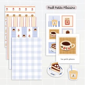 Peut inclure: Un ensemble de papeterie intitulé Pack Petits Plaisirs comprenant des feuilles à motifs rayés, vichy et floraux, ainsi que des planches d'autocollants et des stickers individuels illustrant des tasses, des parts de gâteau et des pots de miel.