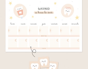 Tableau de motivation brossage de dents Montessori pour enfant - tableau personnalisé avec prénom, autonomie et développement