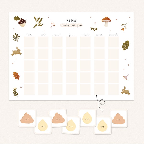 Tableau de motivation Propreté Montessori pour enfant - tableau personnalisé avec prénom, autonomie et développement - thème automne