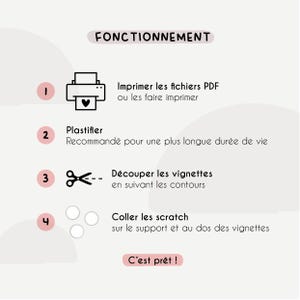 May include: A light pink graphic with the word "FONCTIONNEMENT" at the top. The graphic shows the steps to create something: print PDF files, laminate, cut out the vignettes, and stick the scratch on the support. The text "C'est pr&ecirc;t!" is at the bottom.