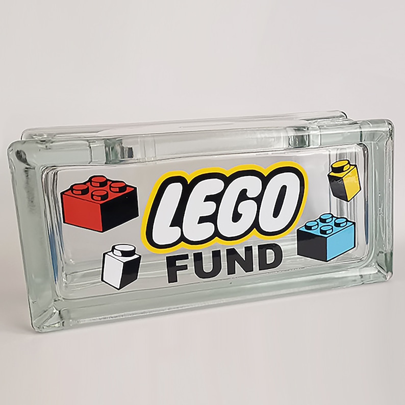 Glass 'Lego Fund' money box can be personalised Etsy Italia