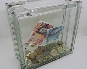 Large Square Glass Money Box. Blank, unlettered, no design