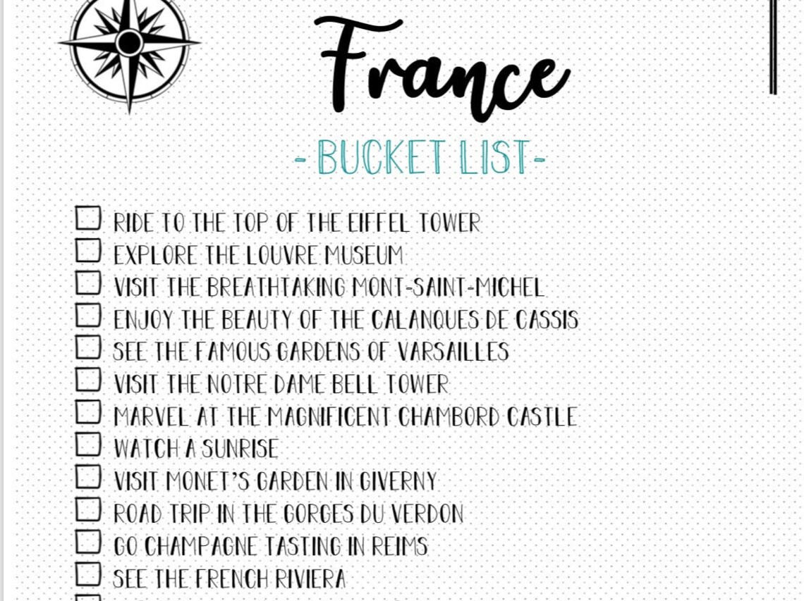 PRINTABLE France Bucket List Etsy
