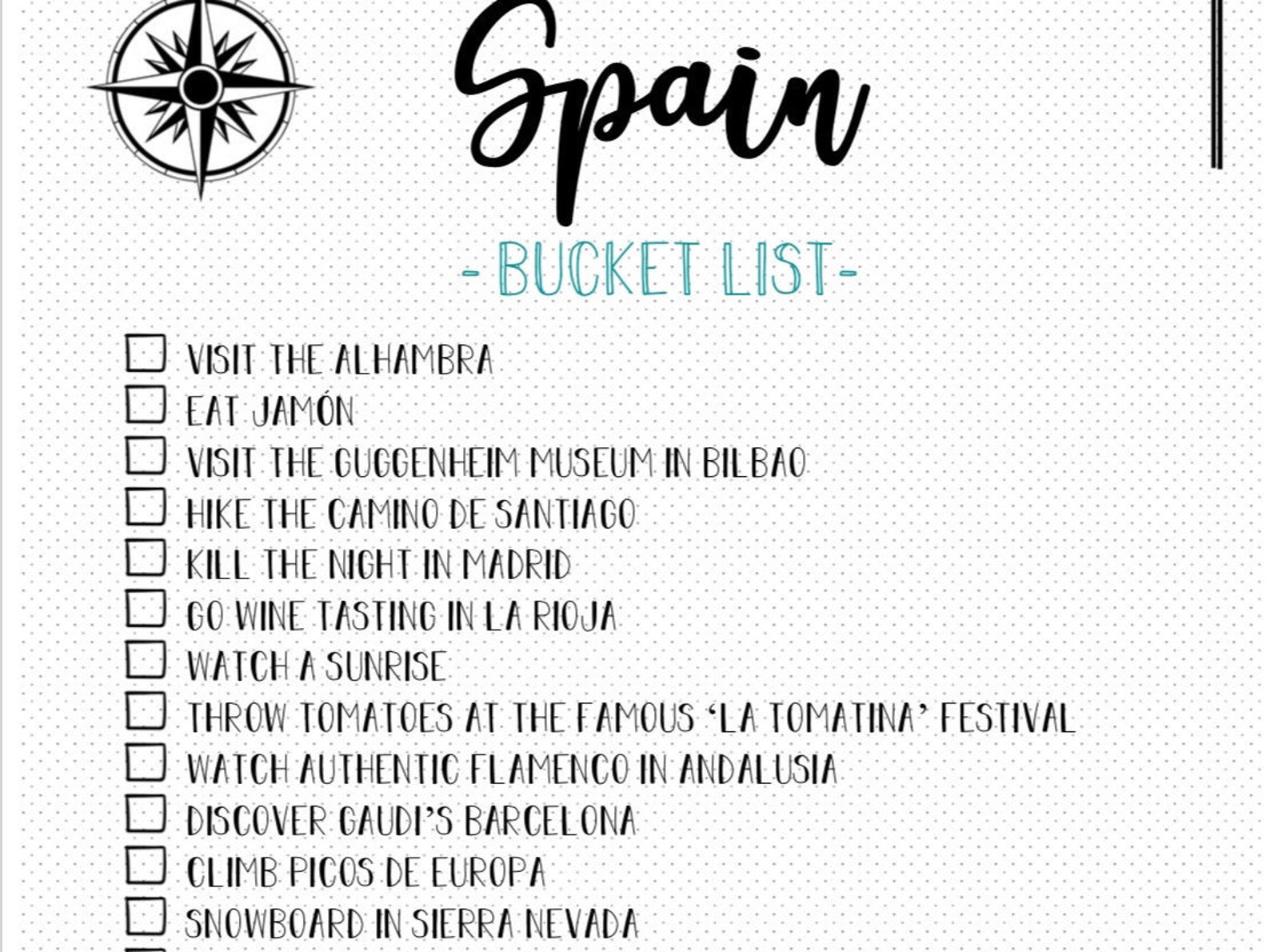 PRINTABLE Spain Bucket List Etsy