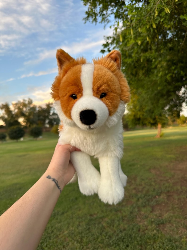 May include: A plush toy dog with a white and brown coat, black nose, and soft, fluffy fur. The stuffed animal is held up against a background of green grass and a blue sky with clouds.
