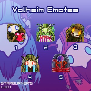 Op de afbeelding: Vijf verschillende geanimeerde emotes met een cartoonfiguur met een groen, bladerrijk lichaam en een blauw gezicht. De emotes zijn genummerd van 1 tot en met 5. De emotes tonen het personage met verschillende uitdrukkingen en houden verschillende voorwerpen vast. De emotes zijn getiteld "Valheim Emotes".