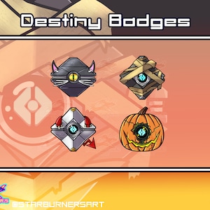 Könnte beinhalten: Werbebild mit vier Destiny-Themen-Abzeichen. Die Abzeichen umfassen ein Design zum Thema Katze, ein Design zum Thema Mumie, ein weißes und rotes Design und ein Design mit Kürbislaterne. Der Text "Destiny Badges" steht oben. Social-Media-Handles sind ebenfalls enthalten.