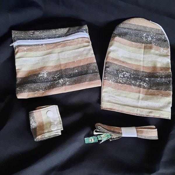 Stoma starter 4 piece gift set . Bag cover, zip pouch, shirt clippie, seatbelt saver.