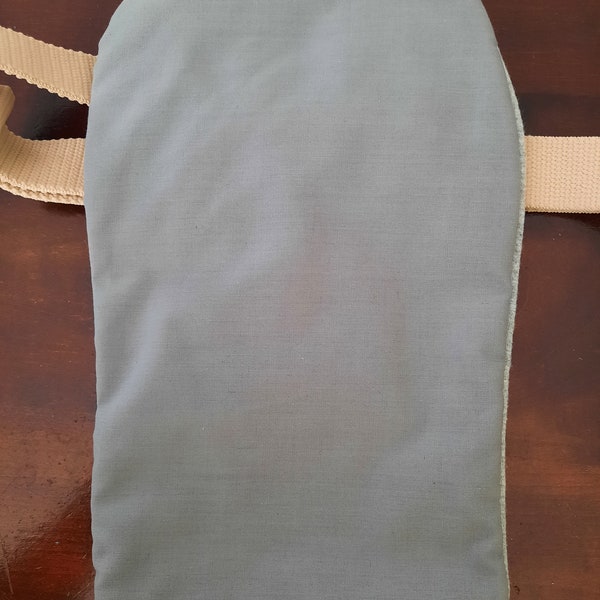 Stoma bag cover, grey with belt holes. 2" flange (hole that goes around the bag)x 11" length