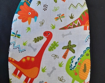 Dinosaurs/ purple stoma bag cover 2 in 1 reversible. Velcro closure  9" x 6" x 2 1/2" flange . Suit ileostomy,  urostomy,  colostomy