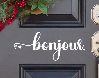 Bonjour with Heart Decal - Bonjour w/Heart Vinyl Sticker - Bonjour Door Decal -  Bonjour Wall Decal  - Hello Decal -Hello Sticker - Bonjour