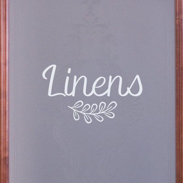 Linens with Leaves Decal - Linens with Leaves Sticker - Linens Closet Door Label - Linens Closet Door Sticker -Linens Decal - Linens Sticker