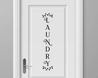 Vertical Laundry Curved Leaves Decal - Vertical Laundry Sticker - Vertical Laundry Door Decal - Vertical Laundry Wall Sign - Laundry Decal