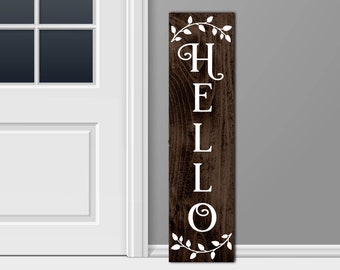 Vertical Hello Curved Leaves Vinyl Decal - Vertical Hello Vinyl Sticker - Hello Door Decal- Hello Sticker - Hello Porch Sign - Hello Decal