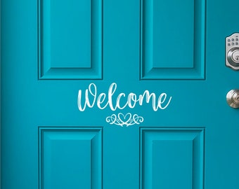Welcome with Heart Scroll Vinyl Decal - Welcome Heart Vinyl Sticker - Welcome Door Decal- Welcome Door Sticker - Welcome Mailbox Sticker