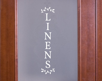 Vertical Curved Leaves Linens Decal - Linens Sticker - Linens Closet Door Label - Linens Closet Door Sticker -Bathroom Linens Door Decal