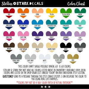 The image is a color chart displaying various heart-shaped decals in different colors, including red, orange, coral, yellow, green, dark blue, brilliant blue, turquoise blue, mint, purple, lavender, lime, brown, light brown, beige, light grey, white, silver grey, gold, and black.