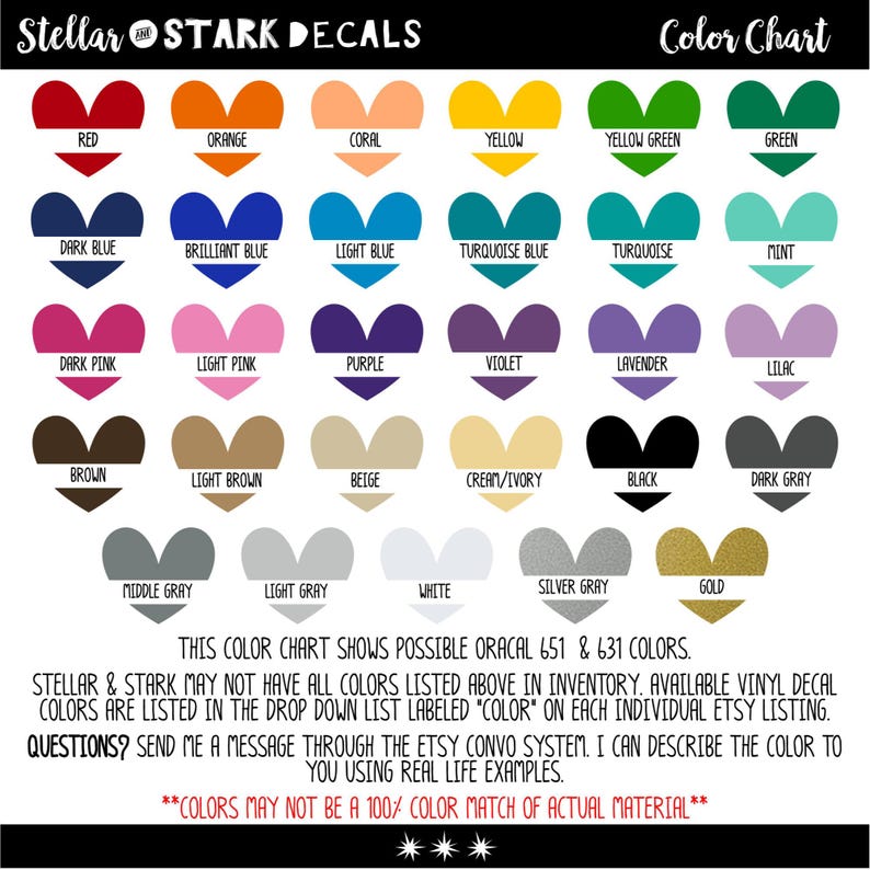 The image is a color chart displaying various heart-shaped decals in different colors, including red, orange, coral, yellow, green, dark blue, brilliant blue, turquoise blue, mint, purple, lavender, lime, brown, light brown, beige, light grey, white, silver grey, gold, and black.