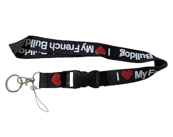 Lanière porte-clés avec boucle noire I Love Heart My French Bulldog