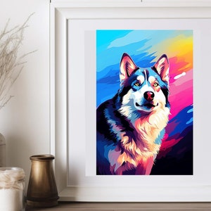 Husky siberiano, Husky Digital Descargar arte de pared, estilo Risoprint, arte del perro, descarga de póster digital, cartel de cadera, fresco y colorido