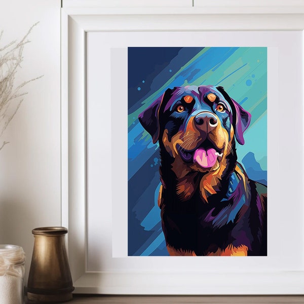 Rottweiler, Rotty, Rottie Digital Download Wall Art, Risoprint Style, Dog Art, Digital Poster Download, Hip, Cool, and Colorful poster