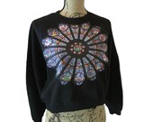 Graphic CROPPED SWEATSHIRT, Stained Glass Notre Dame PARIS, Applique, Women's Black Size S, Mother's Day Gift, Best Friend Gift