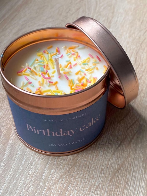 Birthday cake scented candle | Soy wax | Gift | Eco friendly | Highly scented | 40 hours burn time | rose gold tin | Hand Poured
