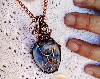Blue Aventurine Necklace • Oxidized Copper Wire Wrapped Pendant, 20-Inch Chain