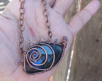 Labradorite Evil Eye Pendant • Wire Wrapped Oxidized Copper Necklace