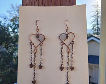 Handmade Copper Heart Chandelier Earrings • Rose Quartz & Crystal Tassels