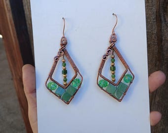 Oxidized Copper Statement Earrings • Aventurine & Jade Geometric Jewelry