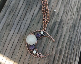 Amethyst Crescent Moon Necklace • Oxidized Copper Wire Wrapped Pendant