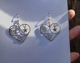 Handmade Sterling Silver Heart Earrings • Wire Wrapped Star Dangle