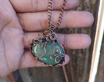 Aventurine Pendant Necklace • Oxidized Copper Wire Wrapped Flower Butterfly Jewelry