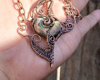 Stingray Pendant – Fossil Ammonite Crystal Necklace – Handcrafted 3D Oxidized Copper – Ocean-Inspired Artisan Jewelry