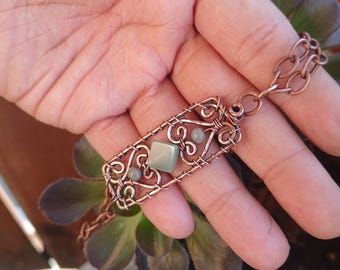 Hammered Copper Heart Pendant • Wire Wrapped Aventurine Gemstone Necklace